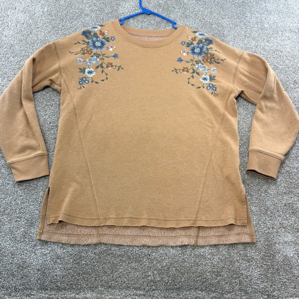 American Eagle Ahh-Mazingly Soft Floral Embroidered Sweatshirt Tan Small Fall